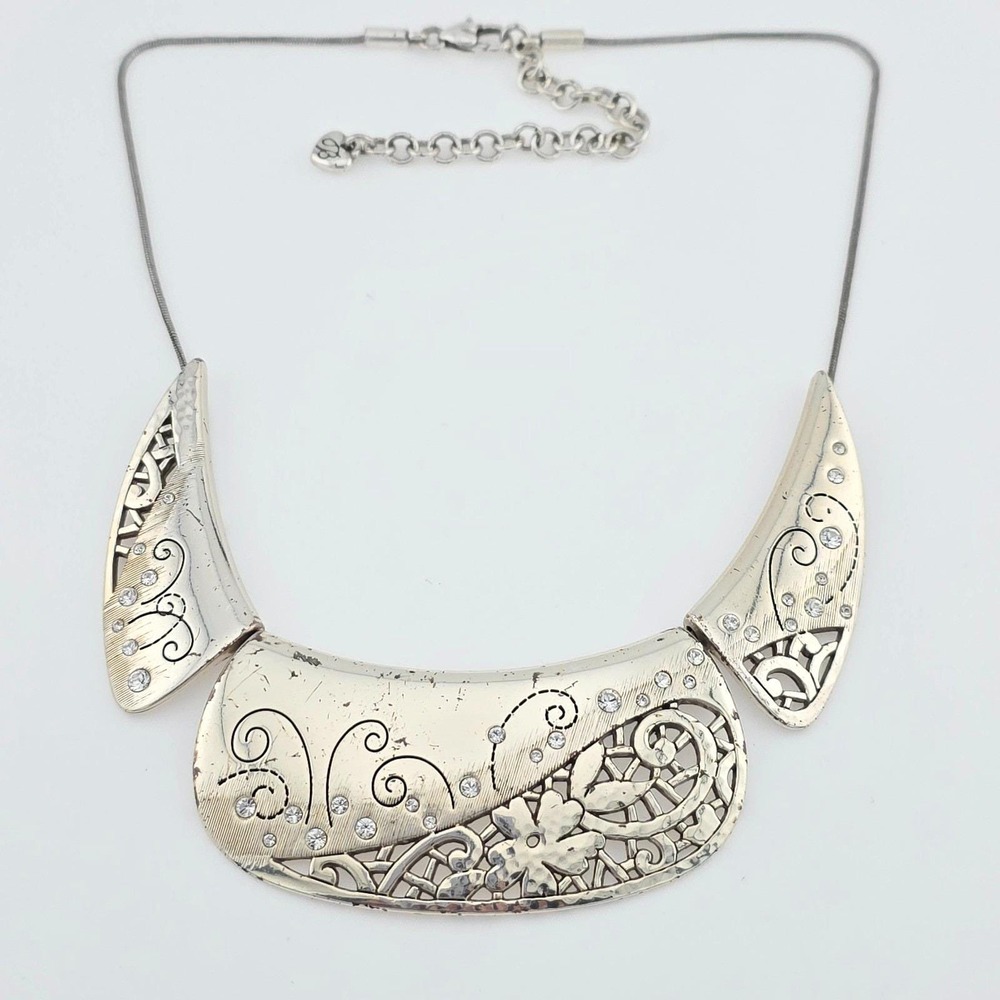 BRIGHTON‎ "Flower Collar Statement" Necklace Crystal Accents Silver Plate 16"